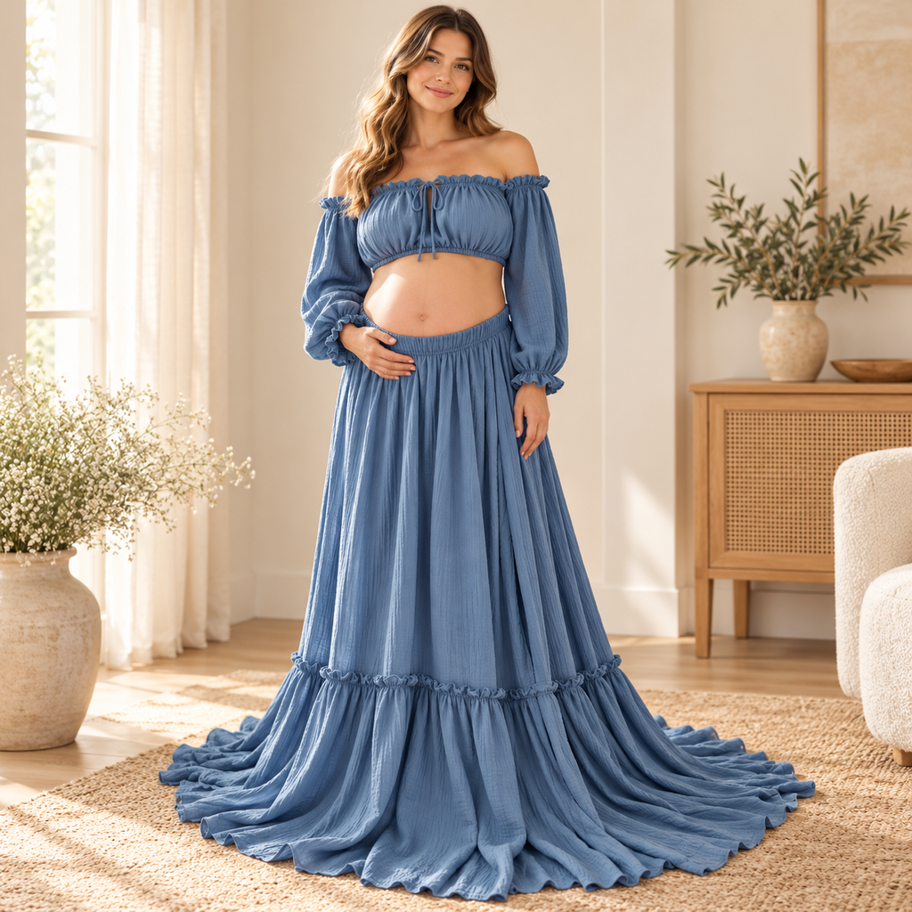 Tots & Moms bohemian maternity portrait outfit — Lake blue — worn by adult model