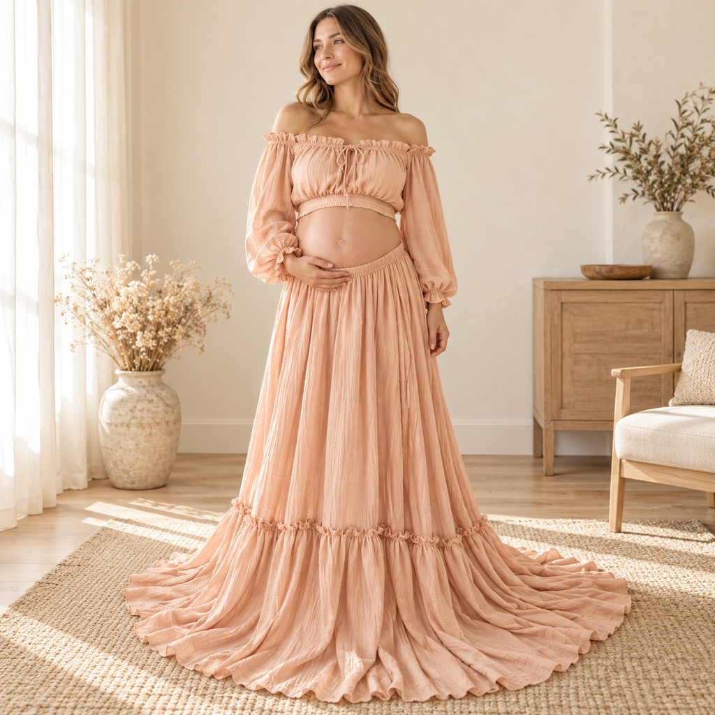 Tots & Moms bohemian maternity portrait outfit — Apricot — worn by adult model