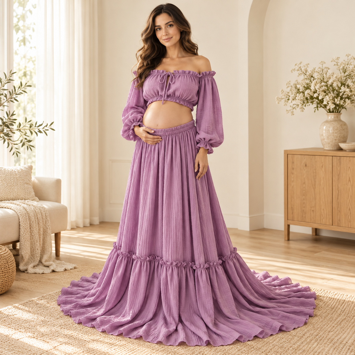 Tots & Moms bohemian maternity portrait outfit — PURPLE — worn by adult model