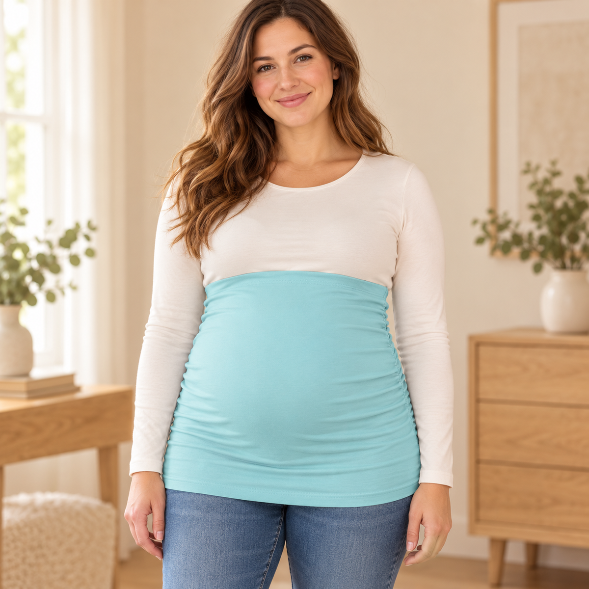 Tots & Moms stretch maternity band — aqua / China Mainland / M — worn over clothing by adult model