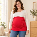 Tots & Moms stretch maternity band — red / China Mainland / M — worn over clothing by adult model