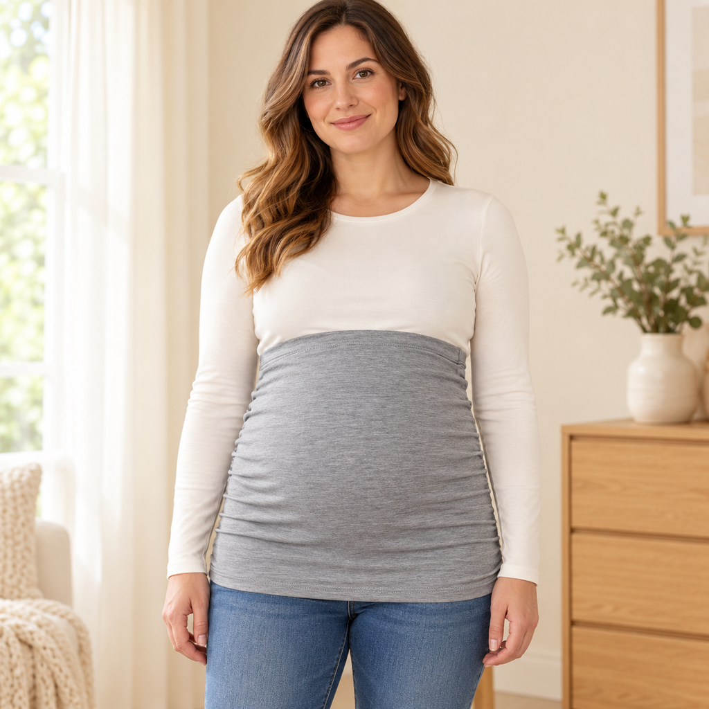 Tots & Moms stretch maternity band — grey / China Mainland / M — worn over clothing by adult model