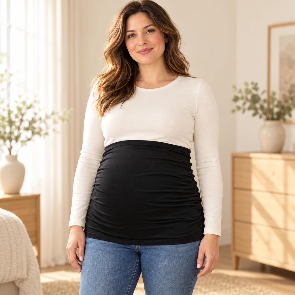 Tots & Moms stretch maternity band — black / China Mainland / M — worn over clothing by adult model