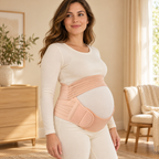 Tots & Moms adjustable pregnancy support belt — M / Nude — worn over clothing by adult model
